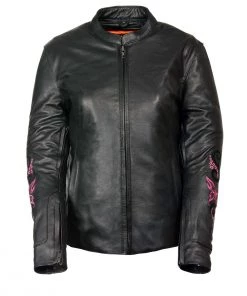 Milwaukee Leather ML2071 Ladies Black Leather Jacket With Fuchsia Butterfly Design