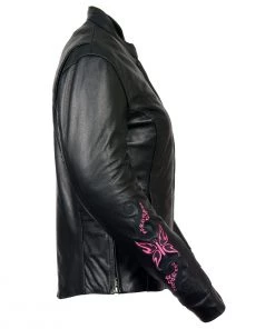 Milwaukee Leather ML2071 Ladies Black Leather Jacket With Pink Butterfly Design Leather Motorcycle Jackets