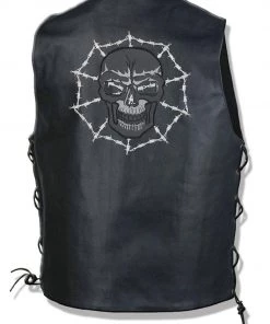 NexGen ML4391 Men’s ’10 Pocket’ Black Leather Vest With Back Spider Web Skull Embroidery