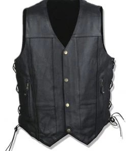 NexGen ML4391 Men’s ’10 Pocket’ Black Leather Vest With Back Spider Web Skull Embroidery