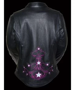 Leather Motorcycle Jackets Milwaukee Leather MLL2500 Women's Black And Fuchsia Pink Leather Jacket With Embroidery