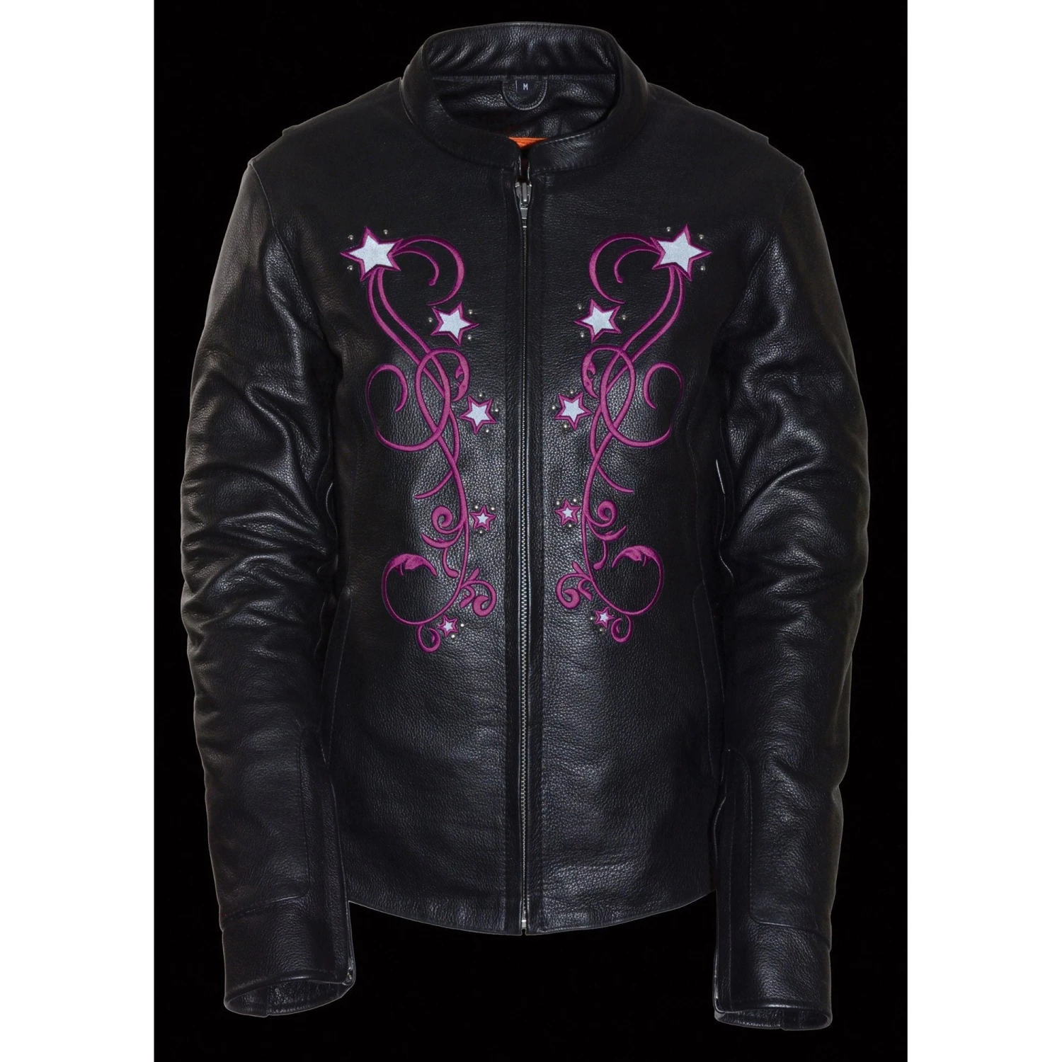 Leather Motorcycle Jackets Milwaukee Leather MLL2500 Women's Black And Fuchsia Pink Leather Jacket With Embroidery
