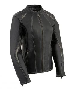 Milwaukee Leather MLL2502 Women's 'Laser Cut' Distressed Black And Grey Scuba Style Racer Jacket