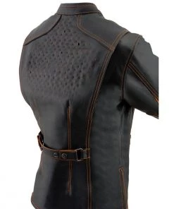 Leather Motorcycle Jackets Milwaukee Leather MLL2502 Ladies'Laser Cut' Distressed Black And Orange Scuba Style Racer Jacket