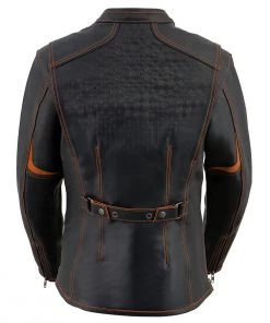Leather Motorcycle Jackets Milwaukee Leather MLL2502 Ladies 'Laser Cut' Distressed Black And Orange Scuba Style Racer Jacket