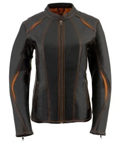 Leather Motorcycle Jackets Milwaukee Leather MLL2502 Ladies'Laser Cut' Distressed Black And Orange Scuba Style Racer Jacket