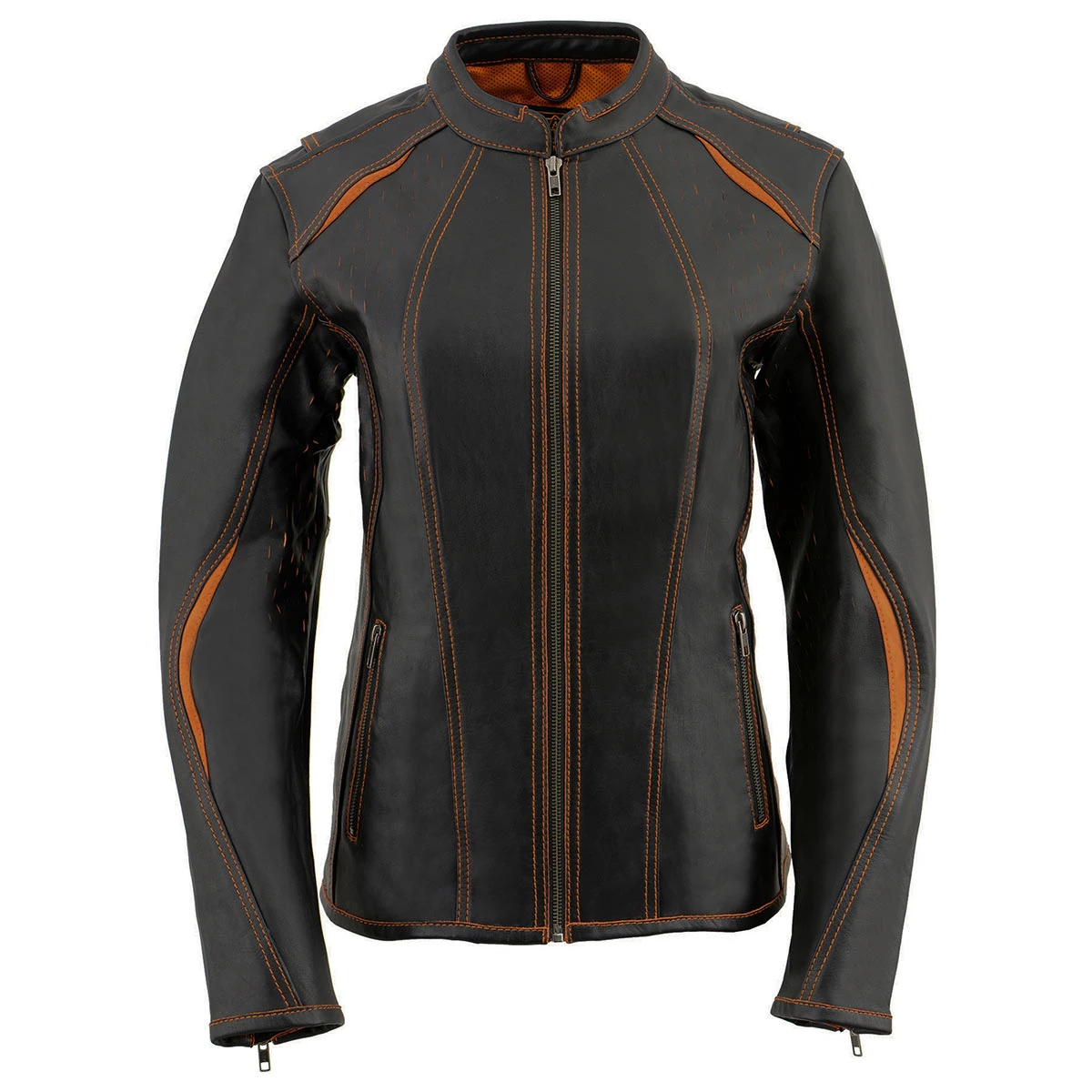 Leather Motorcycle Jackets Milwaukee Leather MLL2502 Ladies 'Laser Cut' Distressed Black And Orange Scuba Style Racer Jacket