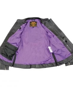 Leather Motorcycle Jackets Milwaukee Leather MLL2502 Ladies'Laser Cut' Distressed Black And Purple Scuba Style Racer Jacket