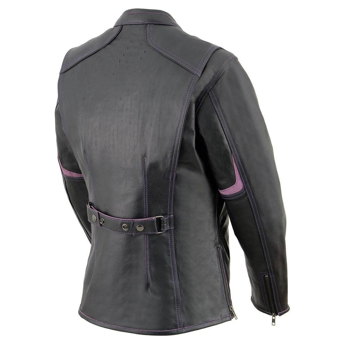 Leather Motorcycle Jackets Milwaukee Leather MLL2502 Ladies 'Laser Cut' Distressed Black And Purple Scuba Style Racer Jacket