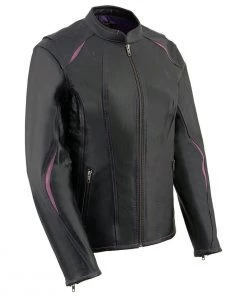 Leather Motorcycle Jackets Milwaukee Leather MLL2502 Ladies 'Laser Cut' Distressed Black And Purple Scuba Style Racer Jacket