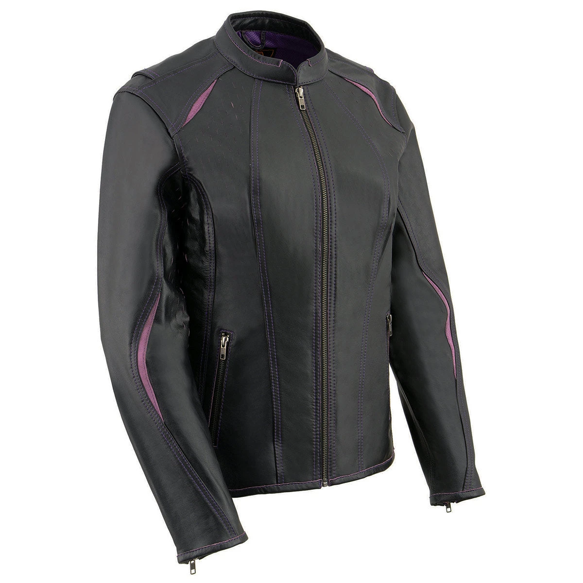 Leather Motorcycle Jackets Milwaukee Leather MLL2502 Ladies 'Laser Cut' Distressed Black And Purple Scuba Style Racer Jacket
