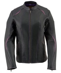 Leather Motorcycle Jackets Milwaukee Leather MLL2502 Ladies'Laser Cut' Distressed Black And Purple Scuba Style Racer Jacket