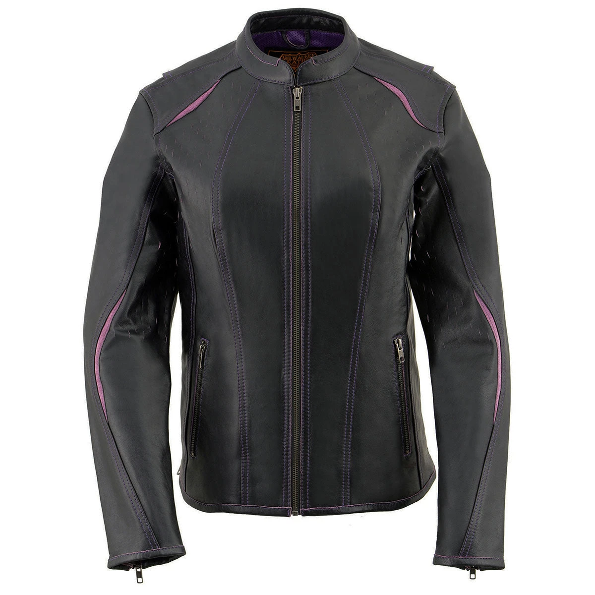 Leather Motorcycle Jackets Milwaukee Leather MLL2502 Ladies 'Laser Cut' Distressed Black And Purple Scuba Style Racer Jacket