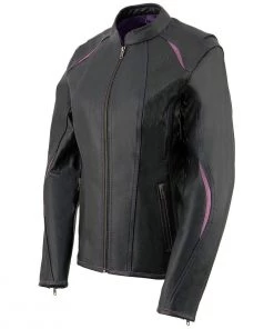 Leather Motorcycle Jackets Milwaukee Leather MLL2502 Ladies'Laser Cut' Distressed Black And Purple Scuba Style Racer Jacket