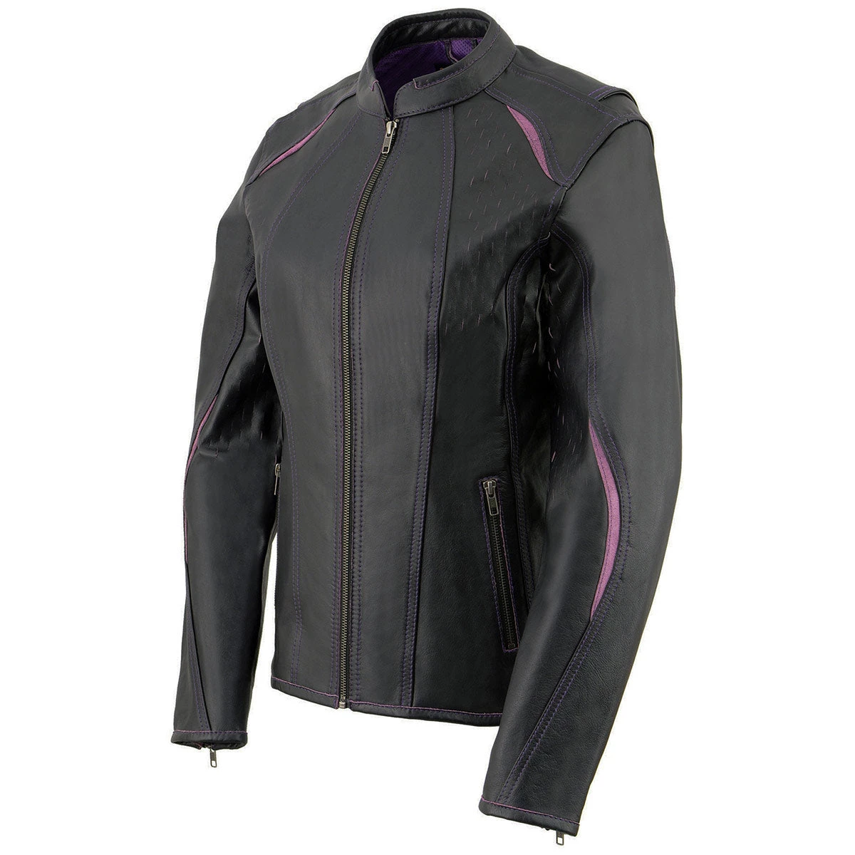 Leather Motorcycle Jackets Milwaukee Leather MLL2502 Ladies 'Laser Cut' Distressed Black And Purple Scuba Style Racer Jacket