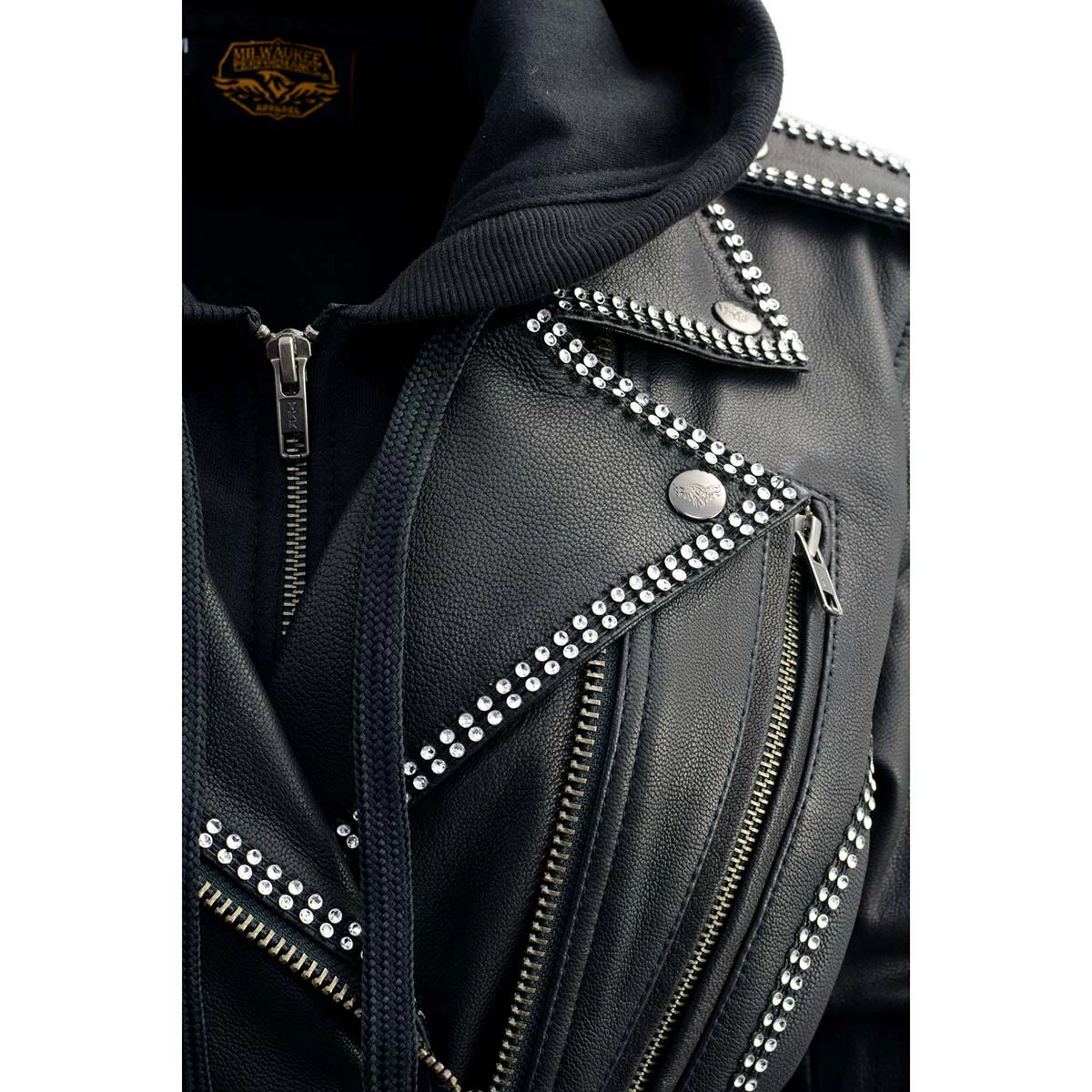 Milwaukee Leather MLL2503 Ladies “Bedazzled” Black Leather Moto Jacket With Hoodie
