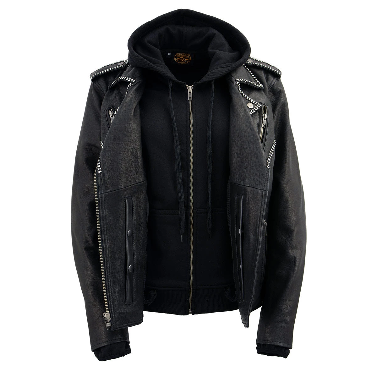 Milwaukee Leather MLL2503 Ladies “Bedazzled” Black Leather Moto Jacket With Hoodie
