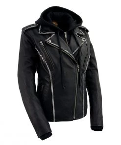 Milwaukee Leather MLL2503 Ladies “Bedazzled” Black Leather Moto Jacket With Hoodie