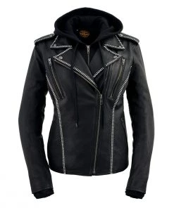 Milwaukee Leather MLL2503 Ladies “Bedazzled” Black Leather Moto Jacket With Hoodie