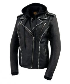 Milwaukee Leather MLL2503 Ladies “Bedazzled” Black Leather Moto Jacket With Hoodie