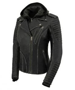 Milwaukee Leather MLL2516 Women's Black Leather Rub Off Jacket With Hoodie Jacket