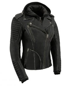 Milwaukee Leather MLL2516 Women's Black Leather Rub Off Jacket With Hoodie Jacket