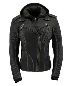 Milwaukee Leather MLL2516 Women's Black Leather Rub Off Jacket With Hoodie Jacket