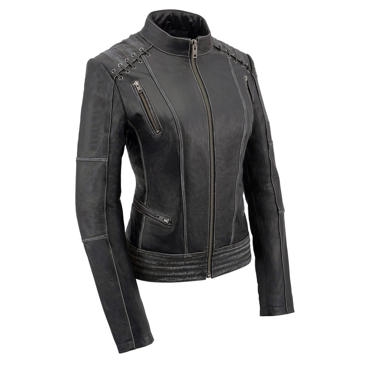 Milwaukee Leather MLL2526 Women's Laced Detail Distressed Grey Leather Jacket Leather Motorcycle Jackets
