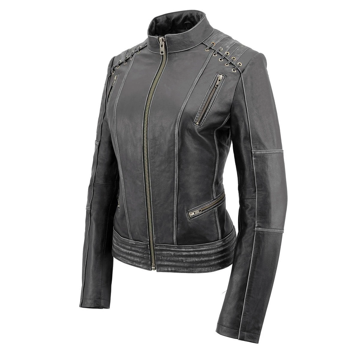 Milwaukee Leather MLL2526 Women's Laced Detail Distressed Grey Leather Jacket Leather Motorcycle Jackets