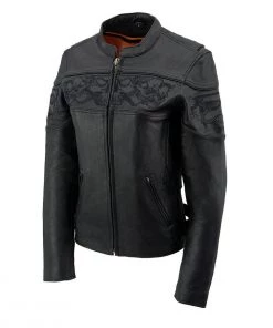 Milwaukee Leather MLL2540 Women's Crossover Black Leather Scooter Jacket Reflective Skull Graphic