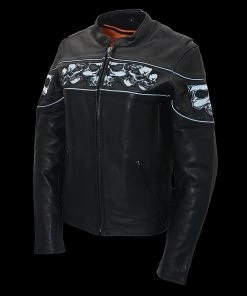 Milwaukee Leather MLL2540 Women's Crossover Black Leather Scooter Jacket Reflective Skull Graphic