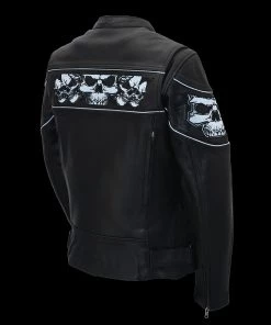 Milwaukee Leather MLL2540 Women's Crossover Black Leather Scooter Jacket Reflective Skull Graphic