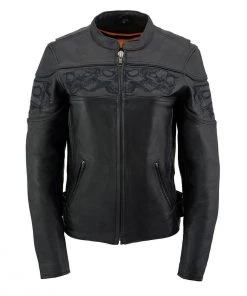 Milwaukee Leather MLL2540 Women's Crossover Black Leather Scooter Jacket Reflective Skull Graphic
