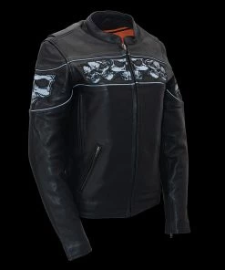 Milwaukee Leather MLL2540 Women's Crossover Black Leather Scooter Jacket Reflective Skull Graphic