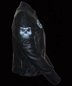 Milwaukee Leather MLL2540 Women's Crossover Black Leather Scooter Jacket Reflective Skull Graphic
