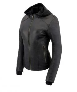 Milwaukee Leather MLL2545 Ladies Lightweight Black Leather Jacket With Removable Hoodie