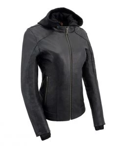 Milwaukee Leather MLL2545 Ladies Lightweight Black Leather Jacket With Removable Hoodie