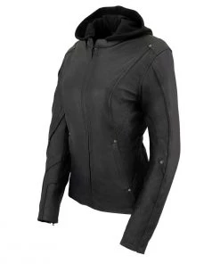 Leather Motorcycle Jackets Milwaukee Leather MLL2555 Women's Black 3/4 Hooded Leather Jacket With Side Stretch