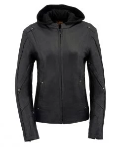 Leather Motorcycle Jackets Milwaukee Leather MLL2555 Women's Black 3/4 Hooded Leather Jacket With Side Stretch