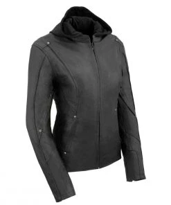 Leather Motorcycle Jackets Milwaukee Leather MLL2555 Women's Black 3/4 Hooded Leather Jacket With Side Stretch