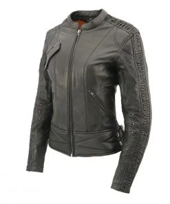 Leather Motorcycle Jackets Milwaukee Leather MLL2571 Ladies Black “Crinkled Arm” Lightweight Racer Jacket