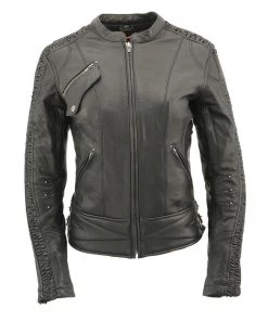 Leather Motorcycle Jackets Milwaukee Leather MLL2571 Ladies Black “Crinkled Arm” Lightweight Racer Jacket