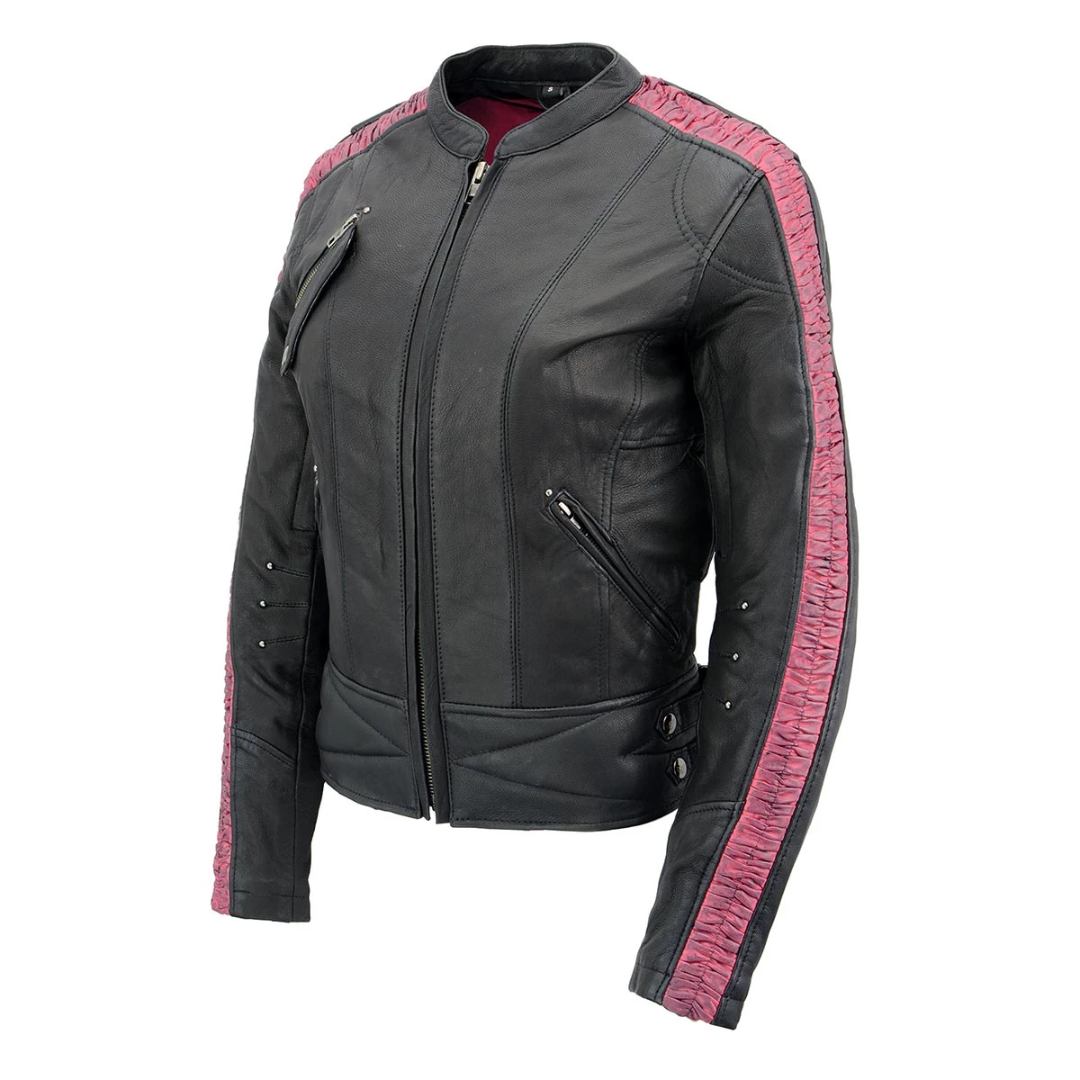 Leather Motorcycle Jackets Milwaukee Leather MLL2571 Ladies Black And Pink “Crinkled Arm” Lightweight Racer Jacket