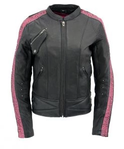 Leather Motorcycle Jackets Milwaukee Leather MLL2571 Ladies Black And Pink “Crinkled Arm” Lightweight Racer Jacket