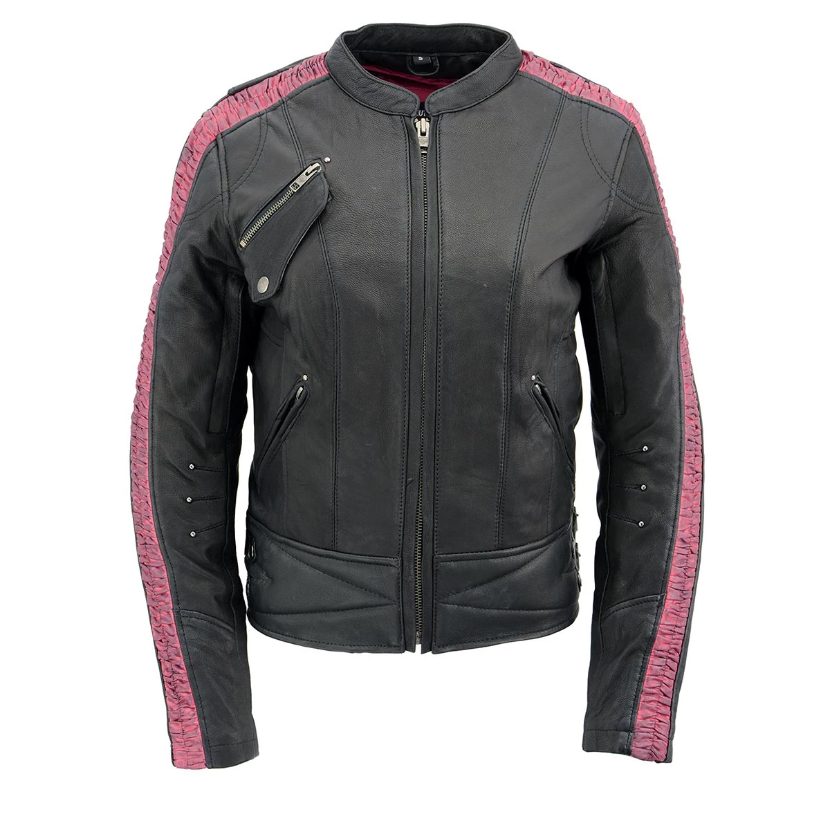 Leather Motorcycle Jackets Milwaukee Leather MLL2571 Ladies Black And Pink “Crinkled Arm” Lightweight Racer Jacket