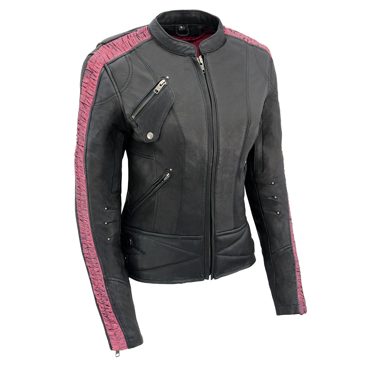 Leather Motorcycle Jackets Milwaukee Leather MLL2571 Ladies Black And Pink “Crinkled Arm” Lightweight Racer Jacket