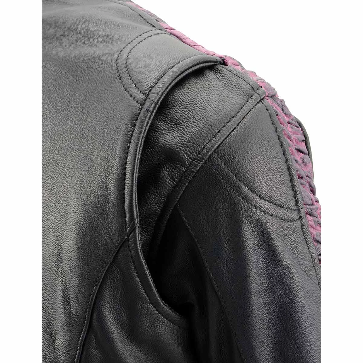Milwaukee Leather MLL2571 Ladies Black And Purple “Crinkled Arm” Lightweight Racer Jacket