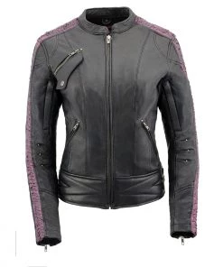 Milwaukee Leather MLL2571 Ladies Black And Purple “Crinkled Arm” Lightweight Racer Jacket