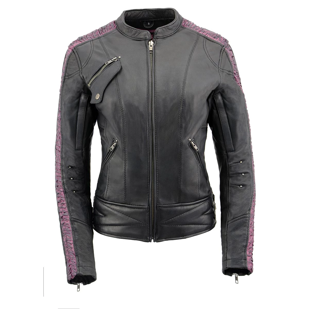 Milwaukee Leather MLL2571 Ladies Black And Purple “Crinkled Arm” Lightweight Racer Jacket