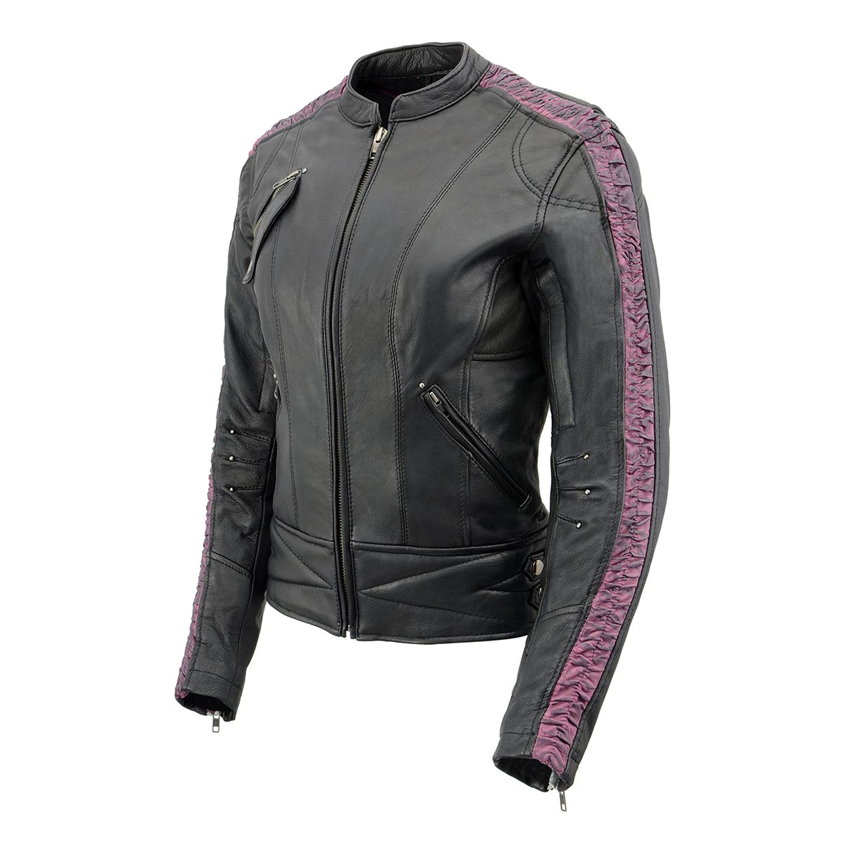 Milwaukee Leather MLL2571 Ladies Black And Purple “Crinkled Arm” Lightweight Racer Jacket